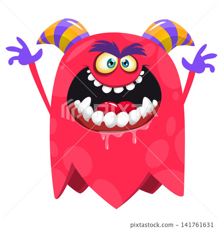 Cartoon cute and funny monster with scary face expression waving hands . Vector illustration isolated on white. For Halloween party decoration or package design 141761631