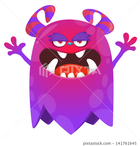 Cartoon cute and funny monster with scary face expression waving hands . Vector illustration isolated on white. For Halloween party decoration or package design Cartoon cute and funny monster with scary face expression waving hands . Vector illustration isolated on white. For Halloween party decoration or package design 141761645