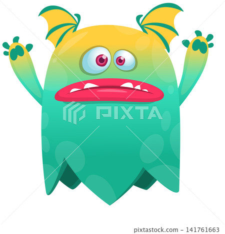 Cartoon cute and funny monster with scary face expression waving hands . Vector illustration isolated on white. For Halloween party decoration or package design Cartoon cute and funny monster with scary face expression waving hands . Vector illustration isolated on white. For Halloween party decoration or package design 141761663