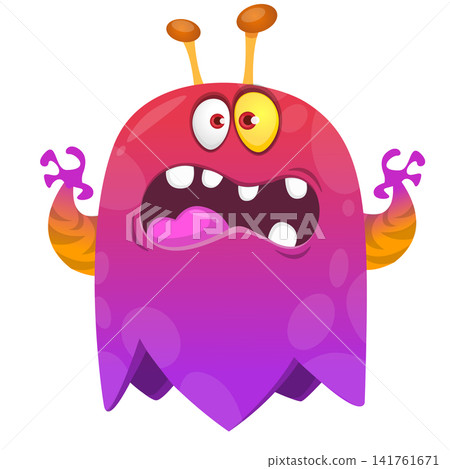 Cartoon cute and funny monster with scary face expression waving hands . Vector illustration isolated on white. For Halloween party decoration or package design 141761671