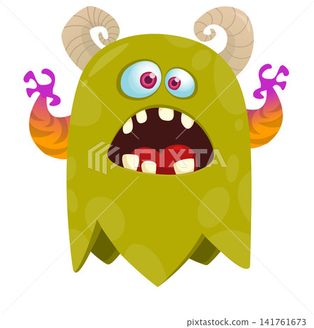 Cartoon cute and funny monster with scary face expression waving hands . Vector illustration isolated on white. For Halloween party decoration or package design Cartoon cute and funny monster with scary face expression waving hands . Vector illustration isolated on white. For Halloween party decoration or package design 141761673