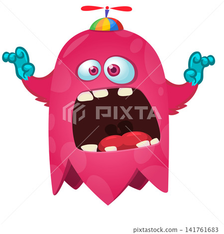 Cartoon cute and funny monster with scary face expression waving hands . Vector illustration isolated on white. For Halloween party decoration or package design Cartoon cute and funny monster with scary face expression waving hands . Vector illustration isolated on white. For Halloween party decoration or package design 141761683