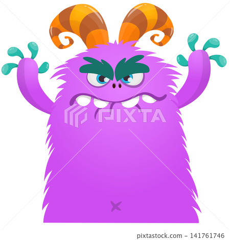 Cartoon cute and funny monster with scary face expression waving hands . Vector illustration isolated on white. For Halloween party decoration or package design Cartoon cute and funny monster with scary face expression waving hands . Vector illustration isolated on white. For Halloween party decoration or package design 141761746