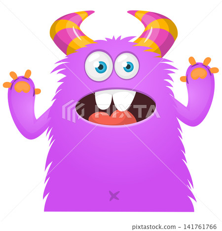 Cartoon cute and funny monster with scary face expression waving hands . Vector illustration isolated on white. For Halloween party decoration or package design Cartoon cute and funny monster with scary face expression waving hands . Vector illustration isolated on white. For Halloween party decoration or package design 141761766