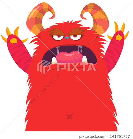 Cartoon cute and funny monster with scary face expression waving hands . Vector illustration isolated on white. For Halloween party decoration or package design Cartoon cute and funny monster with scary face expression waving hands . Vector illustration isolated on white. For Halloween party decoration or package design 141761767