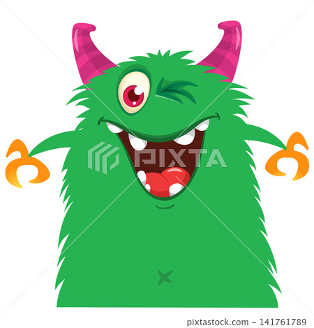 Cartoon cute and funny monster with scary face expression waving hands . Vector illustration isolated on white. For Halloween party decoration or package design Cartoon cute and funny monster with scary face expression waving hands . Vector illustration isolated on white. For Halloween party decoration or package design 141761789