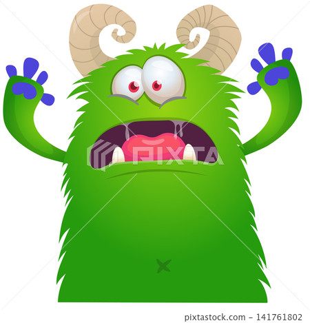 Cartoon cute and funny monster with scary face expression waving hands . Vector illustration isolated on white. For Halloween party decoration or package design 141761802