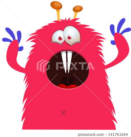 Cartoon cute and funny monster with scary face expression waving hands . Vector illustration isolated on white. For Halloween party decoration or package design 141761804