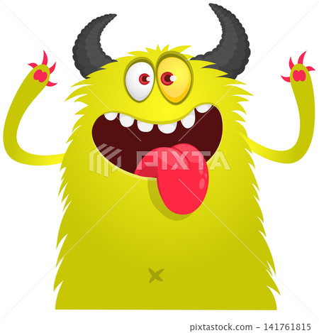 Cartoon cute and funny monster with scary face expression waving hands . Vector illustration isolated on white. For Halloween party decoration or package design Cartoon cute and funny monster with scary face expression waving hands . Vector illustration isolated on white. For Halloween party decoration or package design 141761815