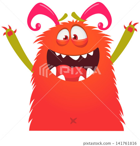 Cartoon cute and funny monster with scary face expression waving hands . Vector illustration isolated on white. For Halloween party decoration or package design 141761816
