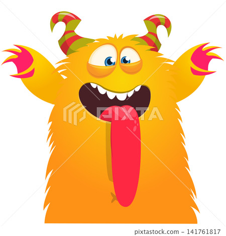 Cartoon cute and funny monster with scary face expression waving hands . Vector illustration isolated on white. For Halloween party decoration or package design Cartoon cute and funny monster with scary face expression waving hands . Vector illustration isolated on white. For Halloween party decoration or package design 141761817