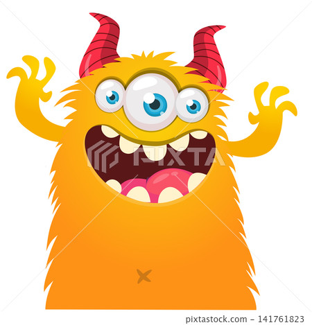 Cartoon cute and funny monster with scary face expression waving hands . Vector illustration isolated on white. For Halloween party decoration or package design Cartoon cute and funny monster with scary face expression waving hands . Vector illustration isolated on white. For Halloween party decoration or package design 141761823