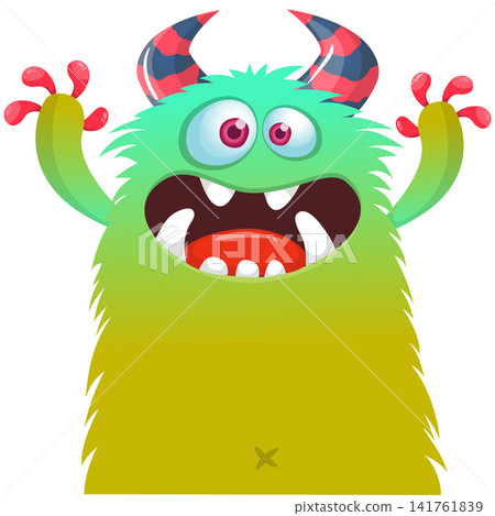 Cartoon cute and funny monster with scary face expression waving hands . Vector illustration isolated on white. For Halloween party decoration or package design Cartoon cute and funny monster with scary face expression waving hands . Vector illustration isolated on white. For Halloween party decoration or package design 141761839