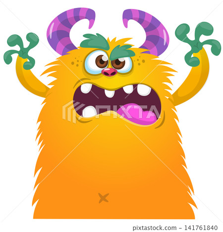 Cartoon cute and funny monster with scary face expression waving hands . Vector illustration isolated on white. For Halloween party decoration or package design 141761840