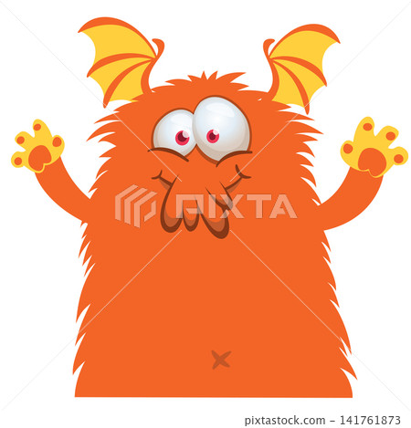 Cartoon cute and funny monster with scary face expression waving hands . Vector illustration isolated on white. For Halloween party decoration or package design 141761873