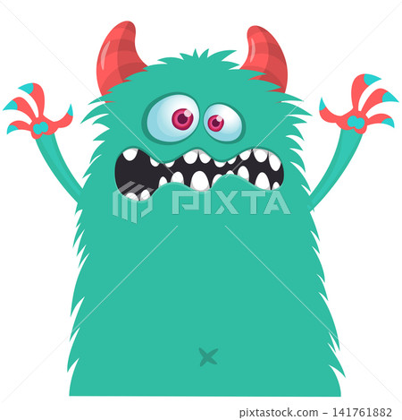 Cartoon cute and funny monster with scary face expression waving hands . Vector illustration isolated on white. For Halloween party decoration or package design Cartoon cute and funny monster with scary face expression waving hands . Vector illustration isolated on white. For Halloween party decoration or package design 141761882