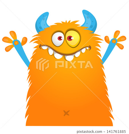 Cartoon cute and funny monster with scary face expression waving hands . Vector illustration isolated on white. For Halloween party decoration or package design Cartoon cute and funny monster with scary face expression waving hands . Vector illustration isolated on white. For Halloween party decoration or package design 141761885