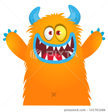Cartoon cute and funny monster with scary face expression waving hands . Vector illustration isolated on white. For Halloween party decoration or package design Cartoon cute and funny monster with scary face expression waving hands . Vector illustration isolated on white. For Halloween party decoration or package design 141761886
