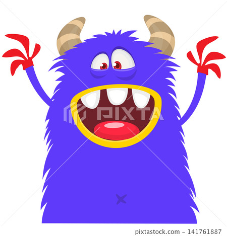 Cartoon cute and funny monster with scary face expression waving hands . Vector illustration isolated on white. For Halloween party decoration or package design 141761887