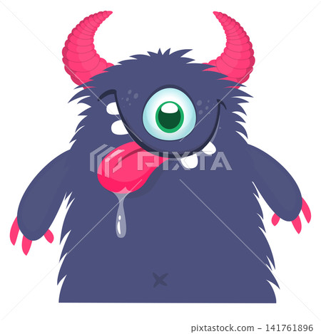 Cartoon cute and funny monster with scary face expression waving hands . Vector illustration isolated on white. For Halloween party decoration or package design 141761896