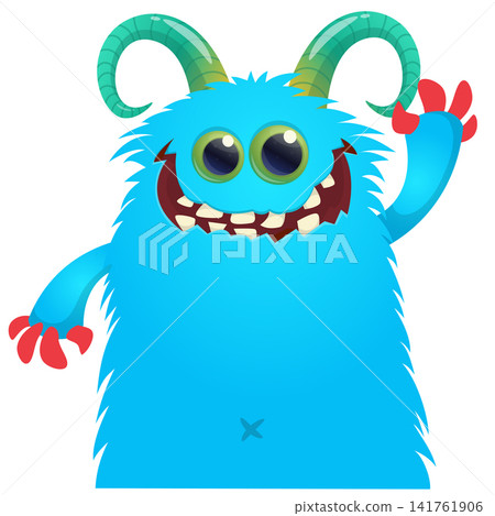Cartoon cute and funny monster with scary face expression waving hands . Vector illustration isolated on white. For Halloween party decoration or package design Cartoon cute and funny monster with scary face expression waving hands . Vector illustration isolated on white. For Halloween party decoration or package design 141761906