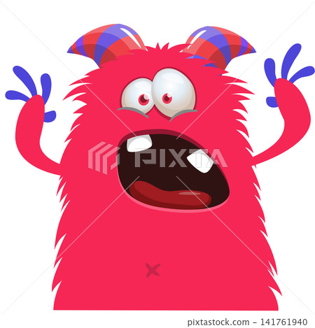 Cartoon cute and funny monster with scary face expression waving hands . Vector illustration isolated on white. For Halloween party decoration or package design Cartoon cute and funny monster with scary face expression waving hands . Vector illustration isolated on white. For Halloween party decoration or package design 141761940