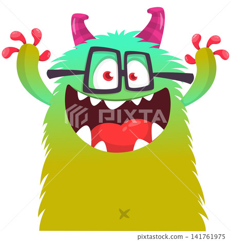 Cartoon cute and funny monster with scary face expression waving hands . Vector illustration isolated on white. For Halloween party decoration or package design 141761975