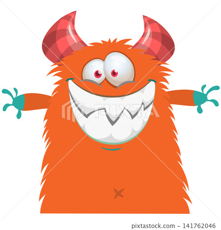 Cartoon cute and funny monster with scary face expression waving hands . Vector illustration isolated on white. For Halloween party decoration or package design 141762046