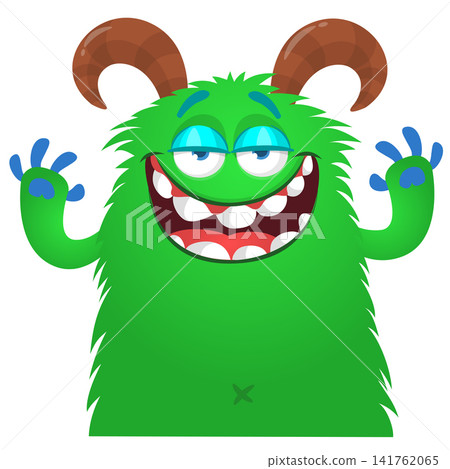 Cartoon cute and funny monster with scary face expression waving hands . Vector illustration isolated on white. For Halloween party decoration or package design Cartoon cute and funny monster with scary face expression waving hands . Vector illustration isolated on white. For Halloween party decoration or package design 141762065