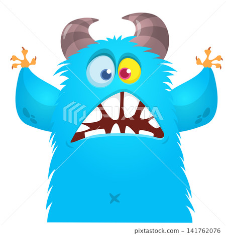 Cartoon cute and funny monster with scary face expression waving hands . Vector illustration isolated on white. For Halloween party decoration or package design Cartoon cute and funny monster with scary face expression waving hands . Vector illustration isolated on white. For Halloween party decoration or package design 141762076