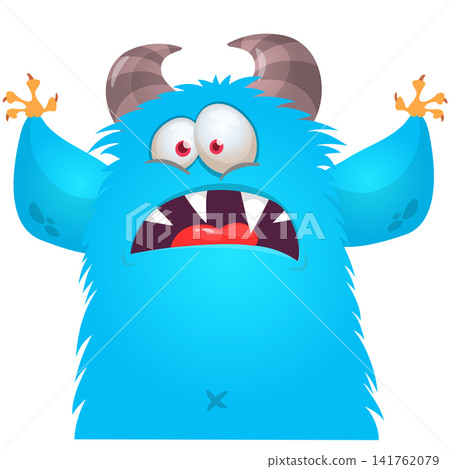 Cartoon cute and funny monster with scary face expression waving hands . Vector illustration isolated on white. For Halloween party decoration or package design Cartoon cute and funny monster with scary face expression waving hands . Vector illustration isolated on white. For Halloween party decoration or package design 141762079