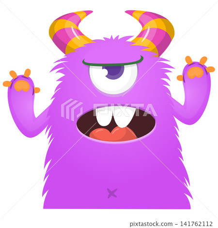 Cartoon cute and funny monster with scary face expression waving hands . Vector illustration isolated on white. For Halloween party decoration or package design Cartoon cute and funny monster with scary face expression waving hands . Vector illustration isolated on white. For Halloween party decoration or package design 141762112