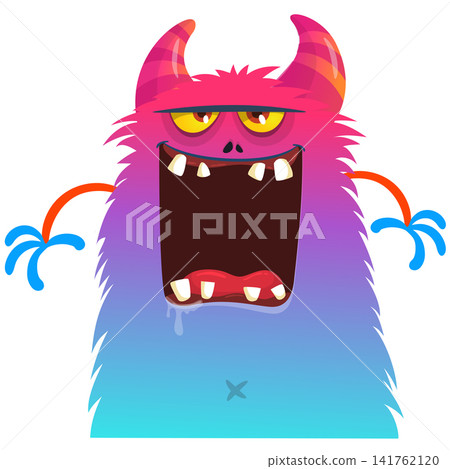 Cartoon cute and funny monster with scary face expression waving hands . Vector illustration isolated on white. For Halloween party decoration or package design Cartoon cute and funny monster with scary face expression waving hands . Vector illustration isolated on white. For Halloween party decoration or package design 141762120