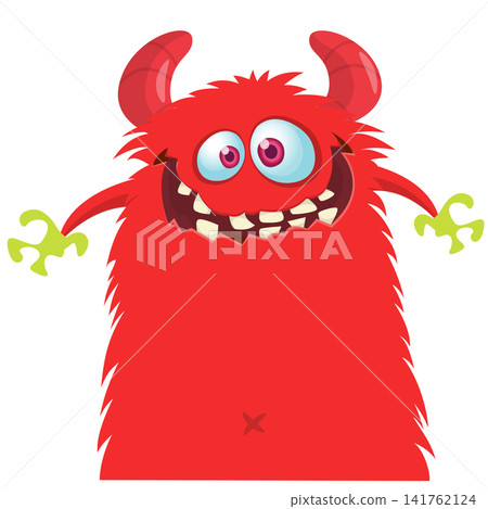 Cartoon cute and funny monster with scary face expression waving hands . Vector illustration isolated on white. For Halloween party decoration or package design Cartoon cute and funny monster with scary face expression waving hands . Vector illustration isolated on white. For Halloween party decoration or package design 141762124