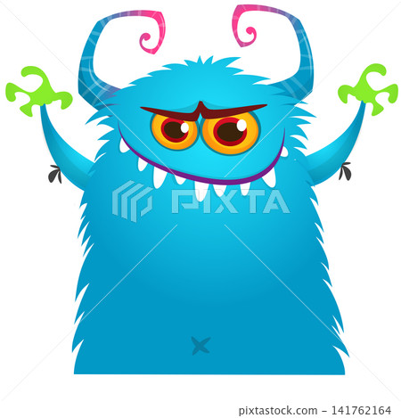 Cartoon cute and funny monster with scary face expression waving hands . Vector illustration isolated on white. For Halloween party decoration or package design Cartoon cute and funny monster with scary face expression waving hands . Vector illustration isolated on white. For Halloween party decoration or package design 141762164