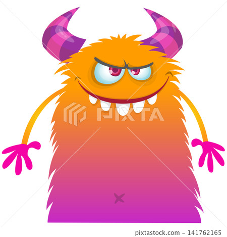 Cartoon cute and funny monster with scary face expression waving hands . Vector illustration isolated on white. For Halloween party decoration or package design Cartoon cute and funny monster with scary face expression waving hands . Vector illustration isolated on white. For Halloween party decoration or package design 141762165