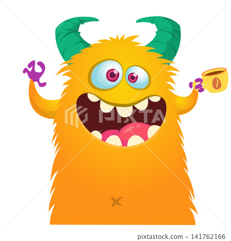 Cartoon cute and funny monster with scary face expression waving hands . Vector illustration isolated on white. For Halloween party decoration or package design Cartoon cute and funny monster with scary face expression waving hands . Vector illustration isolated on white. For Halloween party decoration or package design 141762166