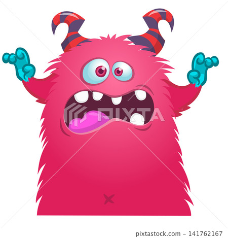 Cartoon cute and funny monster with scary face expression waving hands . Vector illustration isolated on white. For Halloween party decoration or package design Cartoon cute and funny monster with scary face expression waving hands . Vector illustration isolated on white. For Halloween party decoration or package design 141762167