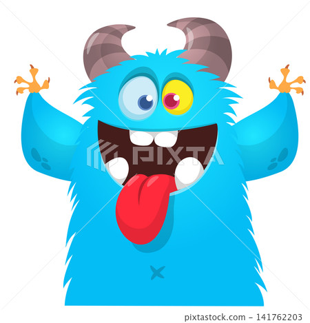 Cartoon cute and funny monster with scary face expression waving hands. Vector illustration isolated on white. For Halloween party decoration or package design Cartoon cute and funny monster with scary face expression waving hands. Vector illustration isolated on white. For Halloween party decoration or package design 141762203