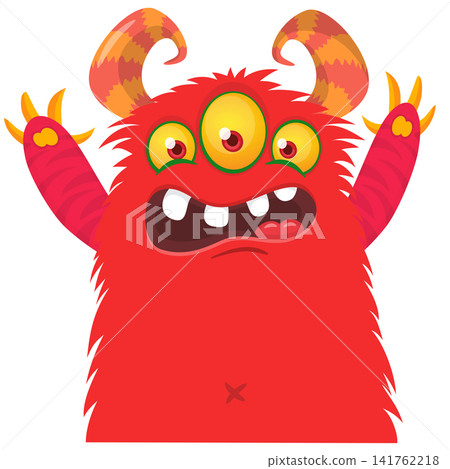 Cartoon cute and funny monster with scary face expression waving hands. Vector illustration isolated on white. For Halloween party decoration or package design Cartoon cute and funny monster with scary face expression waving hands. Vector illustration isolated on white. For Halloween party decoration or package design 141762218