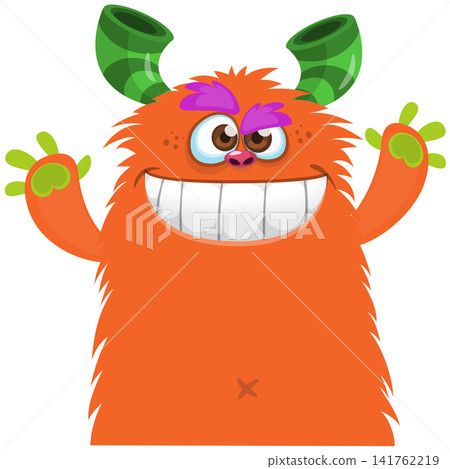 Cartoon cute and funny monster with scary face expression waving hands. Vector illustration isolated on white. For Halloween party decoration or package design Cartoon cute and funny monster with scary face expression waving hands. Vector illustration isolated on white. For Halloween party decoration or package design 141762219