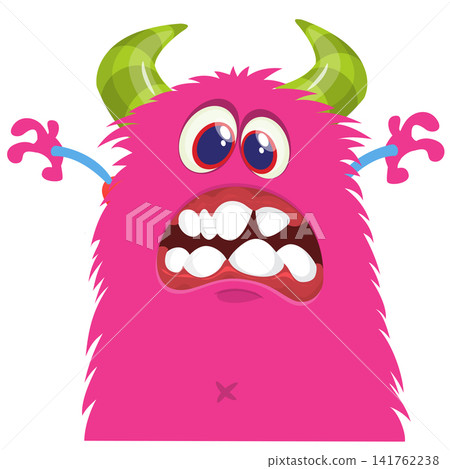 Cartoon cute and funny monster with scary face expression waving hands. Vector illustration isolated on white. For Halloween party decoration or package design Cartoon cute and funny monster with scary face expression waving hands. Vector illustration isolated on white. For Halloween party decoration or package design 141762238