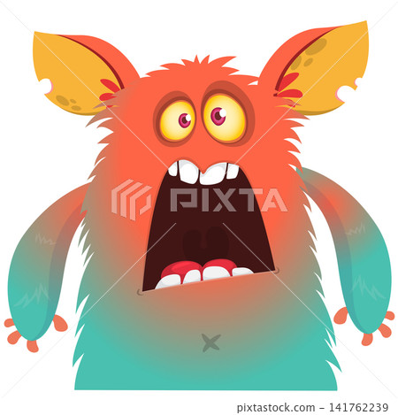 Cartoon cute and funny monster with scary face expression waving hands. Vector illustration isolated on white. For Halloween party decoration or package design Cartoon cute and funny monster with scary face expression waving hands. Vector illustration isolated on white. For Halloween party decoration or package design 141762239