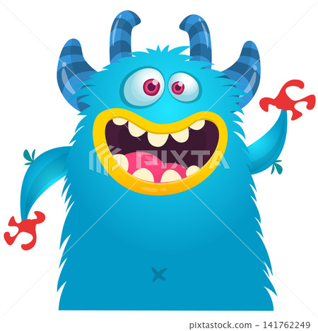 Cartoon cute and funny monster with scary face expression waving hands. Vector illustration isolated on white. For Halloween party decoration or package design Cartoon cute and funny monster with scary face expression waving hands. Vector illustration isolated on white. For Halloween party decoration or package design 141762249