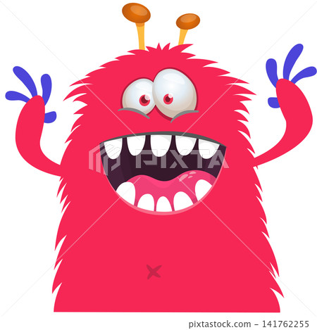 Cartoon cute and funny monster with scary face expression waving hands. Vector illustration isolated on white. For Halloween party decoration or package design Cartoon cute and funny monster with scary face expression waving hands. Vector illustration isolated on white. For Halloween party decoration or package design 141762255
