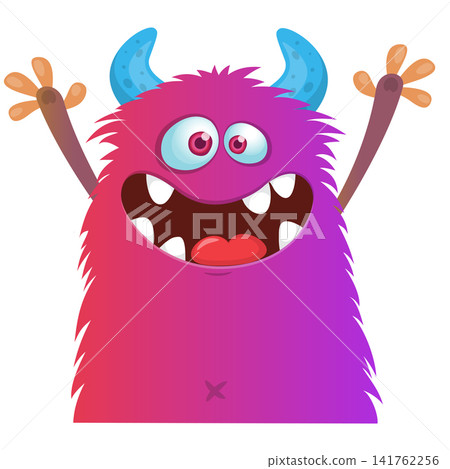 Cartoon cute and funny monster with scary face expression waving hands. Vector illustration isolated on white. For Halloween party decoration or package design 141762256