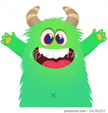 Cartoon cute and funny monster with scary face expression waving hands. Vector illustration isolated on white. For Halloween party decoration or package design Cartoon cute and funny monster with scary face expression waving hands. Vector illustration isolated on white. For Halloween party decoration or package design 141762257