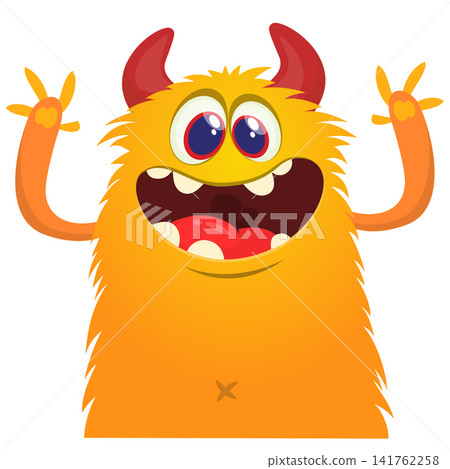 Cartoon cute and funny monster with scary face expression waving hands. Vector illustration isolated on white. For Halloween party decoration or package design Cartoon cute and funny monster with scary face expression waving hands. Vector illustration isolated on white. For Halloween party decoration or package design 141762258