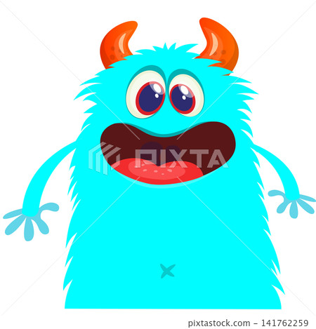 Cartoon cute and funny monster with scary face expression waving hands. Vector illustration isolated on white. For Halloween party decoration or package design Cartoon cute and funny monster with scary face expression waving hands. Vector illustration isolated on white. For Halloween party decoration or package design 141762259