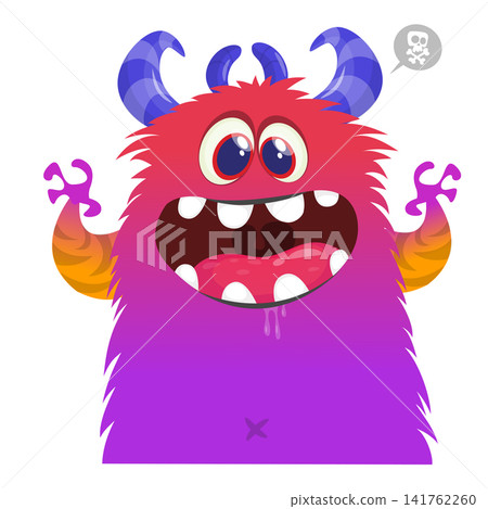 Cartoon cute and funny monster with scary face expression waving hands. Vector illustration isolated on white. For Halloween party decoration or package design 141762260